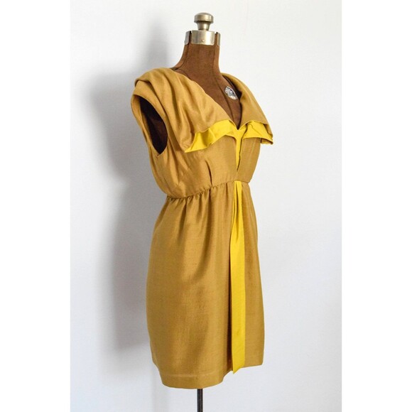 1960s Silk Mini Dress Size Small 60s Mini Dress in Copper and Chartreuse - Picture 2 of 5